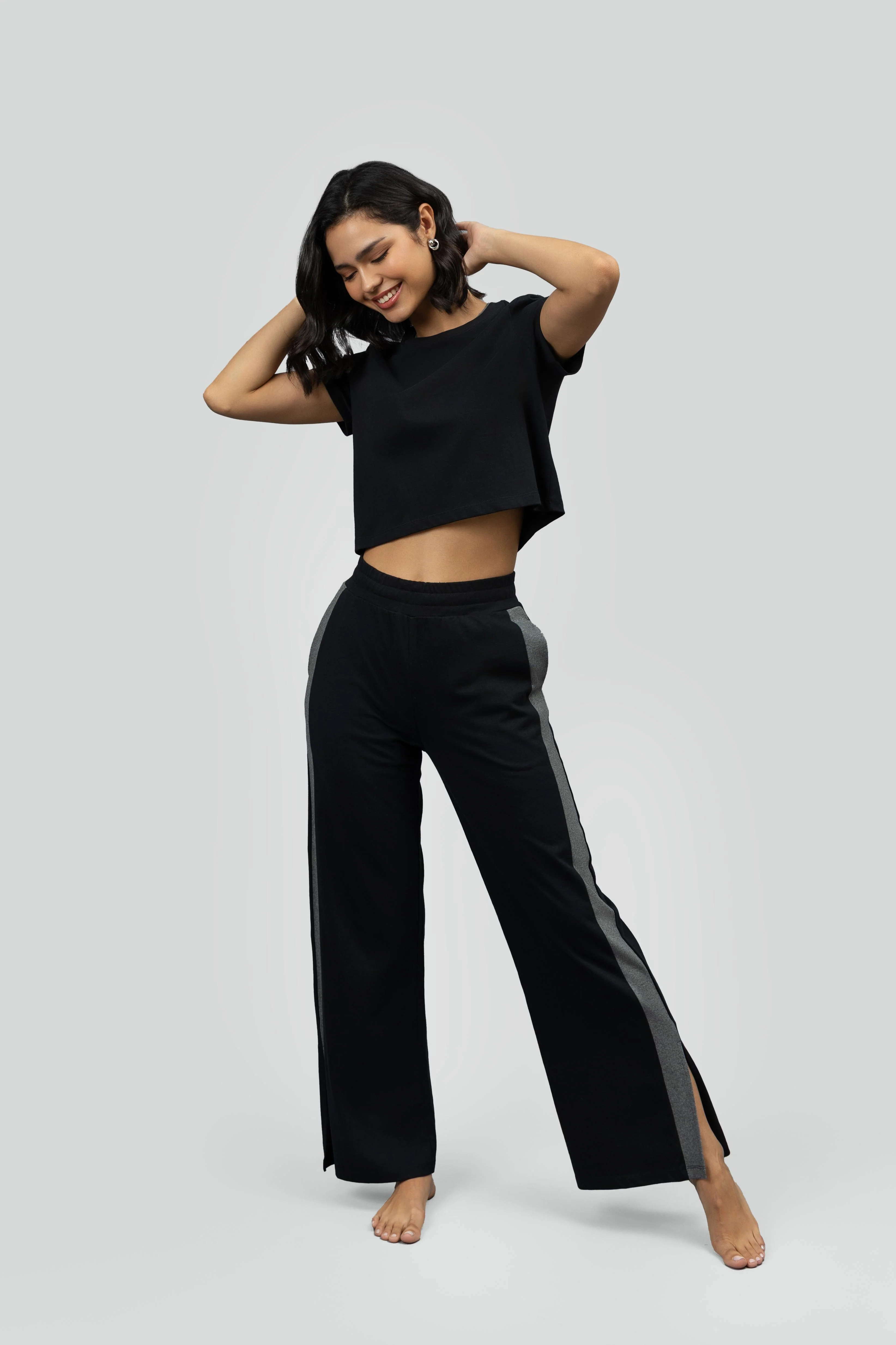 Black Soft Cotton Side Slit Flare Lounge Set - Image 9