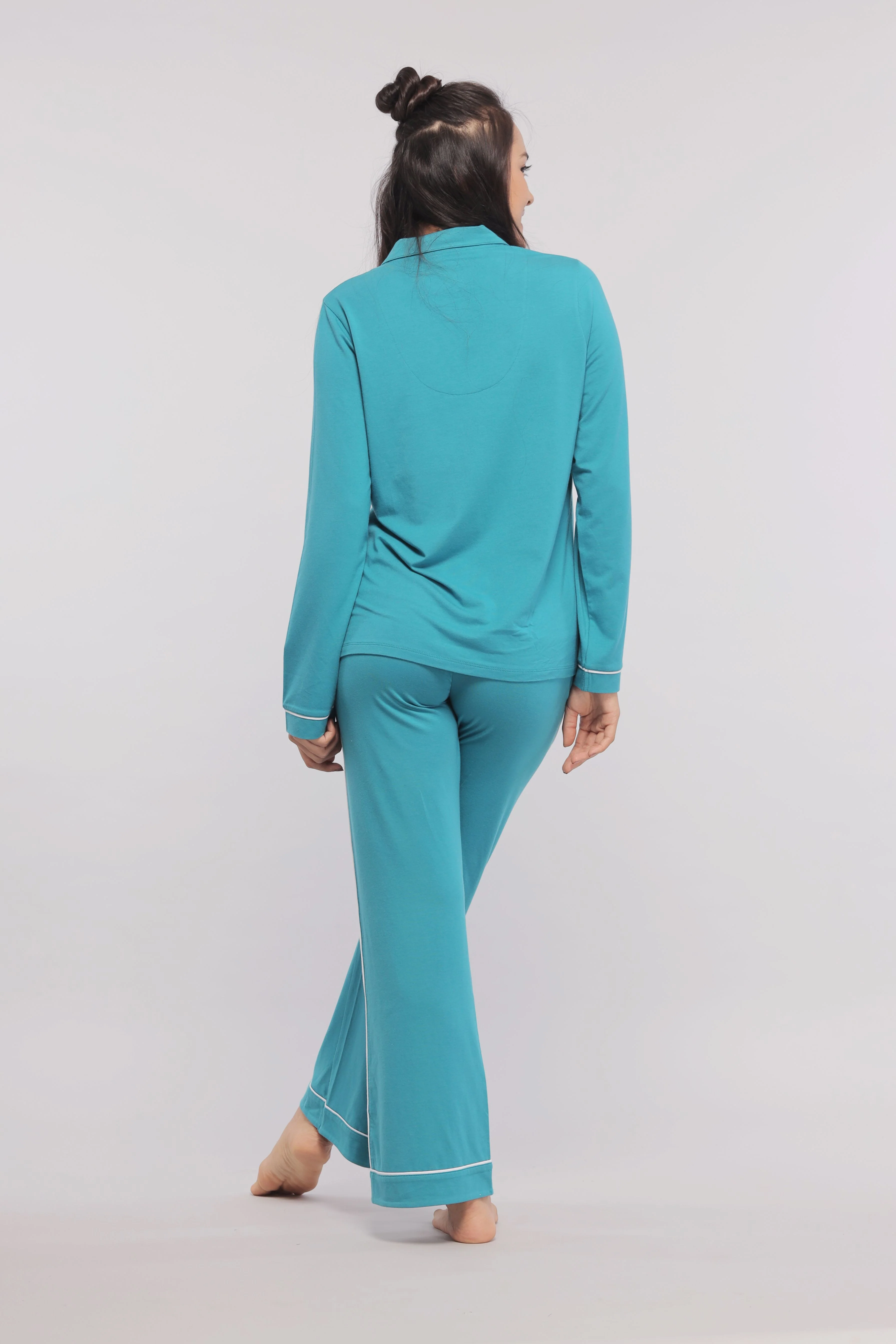 Teal Full Sleeve Button Down Pajama Set - Image 3