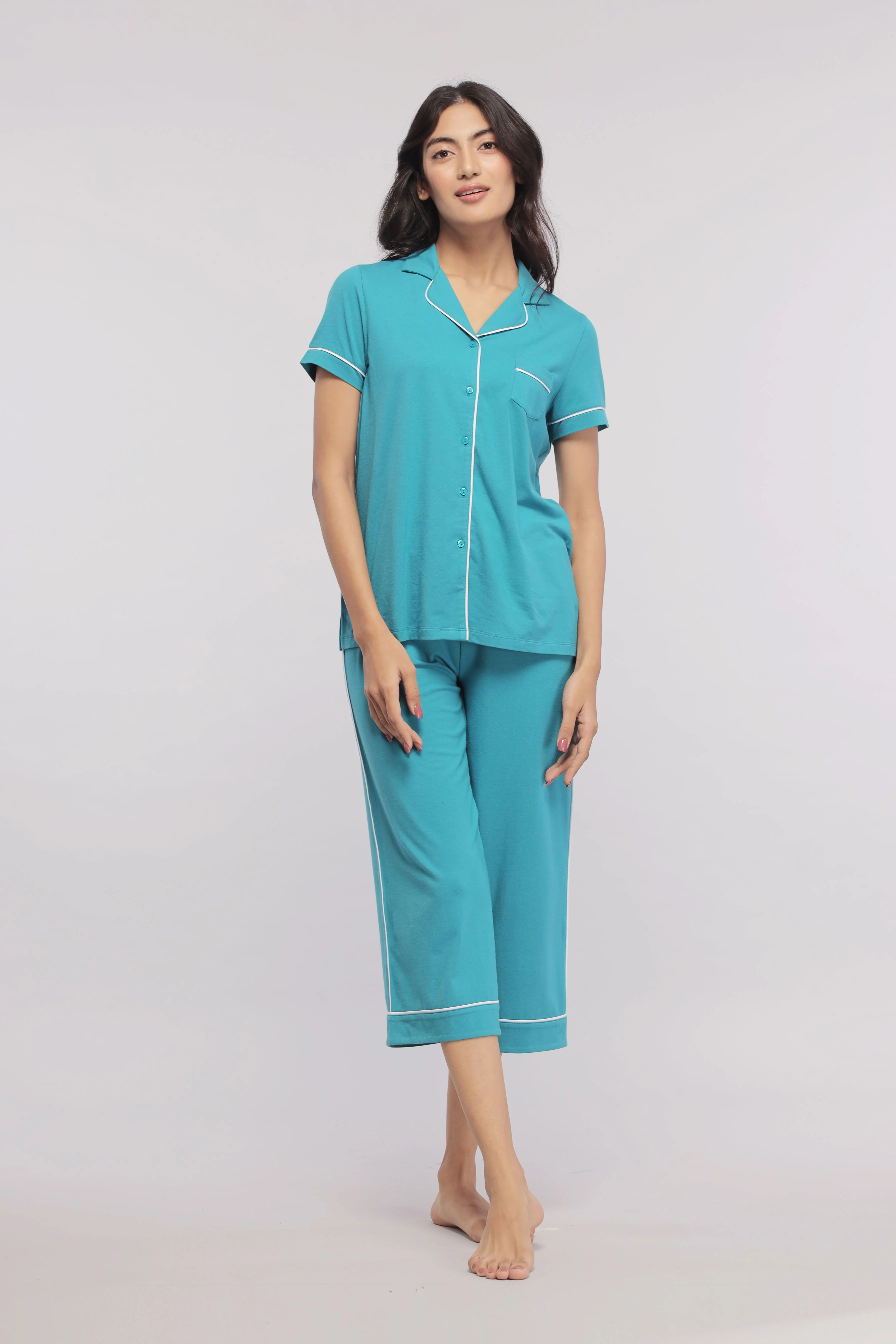 Teal With White Piping Capri Set - Image 3