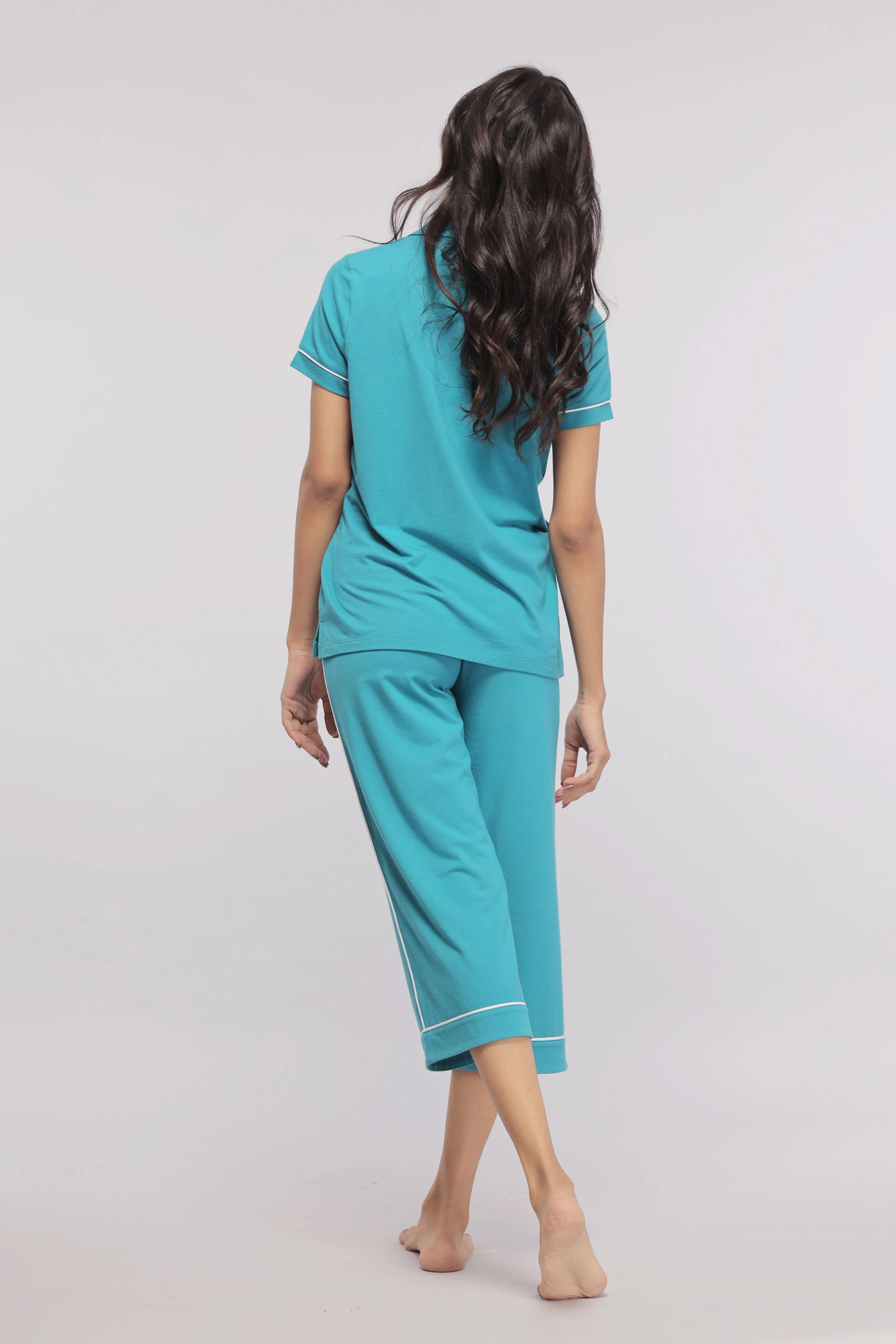Teal With White Piping Capri Set - Image 4