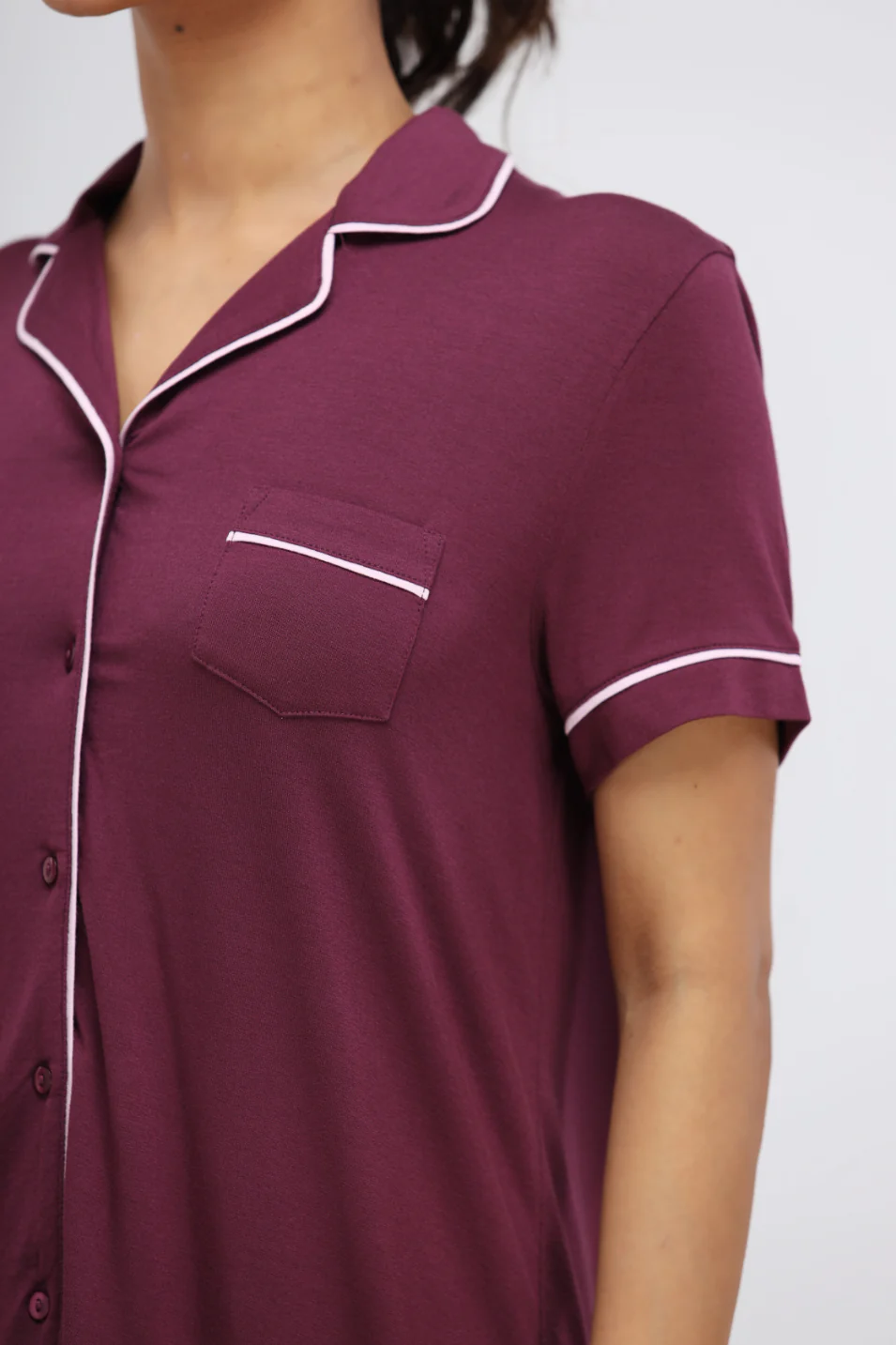Wine Button Down Piping Modal Pajama Set - Image 10