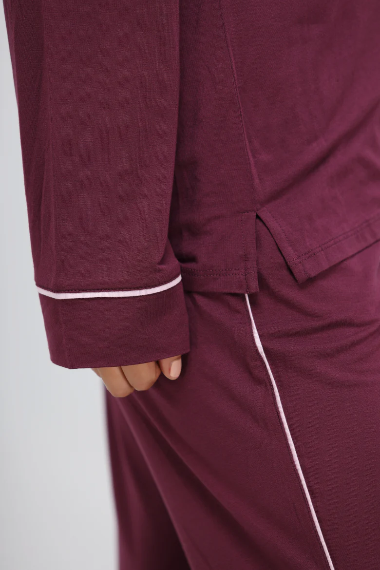 Wine Piping Full Sleeve Piping Modal Pajama Set - Image 12