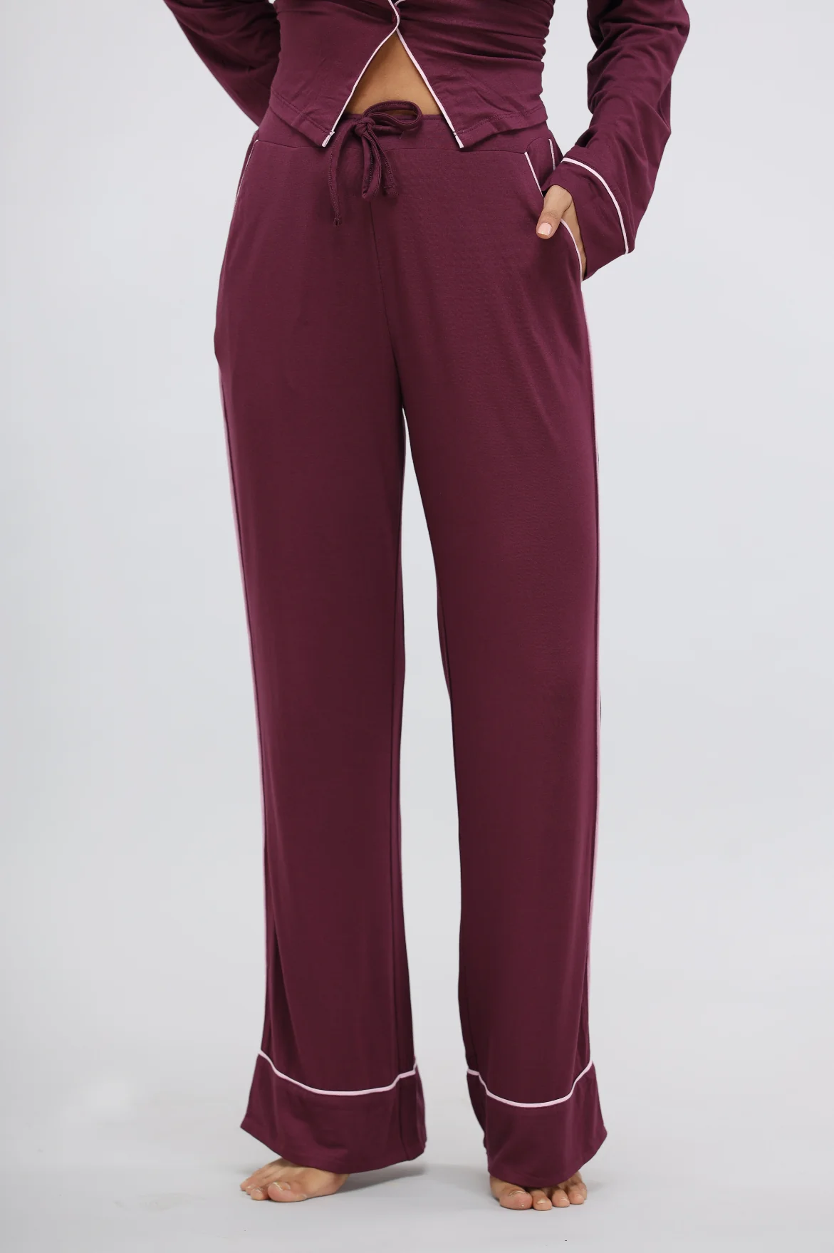 Wine Piping Modal Pajama Set with Tank Top - Image 4